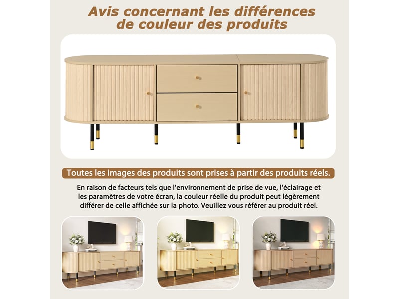  Meuble tv 2 portes coulissantes et 2 tiroirs pour salon 180×40×58 cm en mdf et métal naturel  - Conforama D