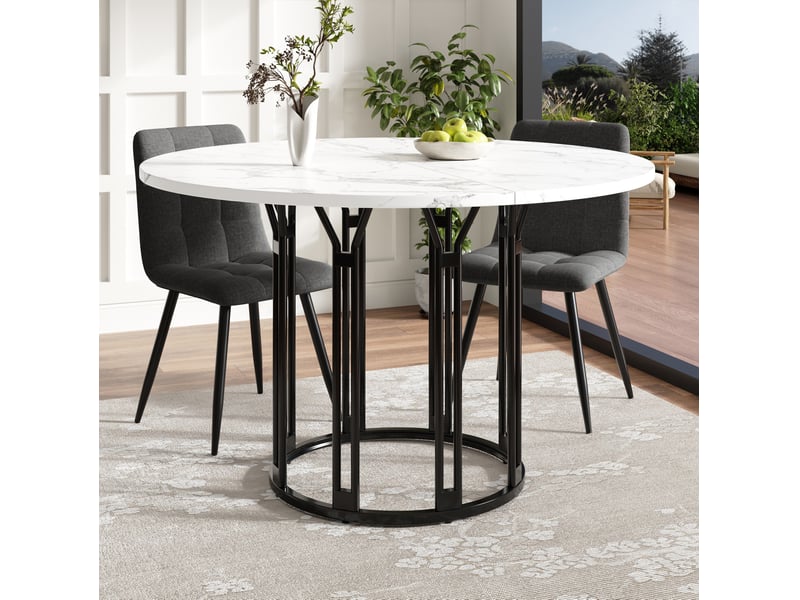  Table ronde 100×100×74cm avec pieds en métal, design élégant, motif marbre (non en marbre), mdf, couleur noir et blanc  - Conforama B