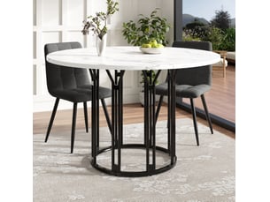 Table ronde 100×100×74cm avec pieds en métal, design élégant, motif marbre (non en marbre), mdf, couleur noir et blanc