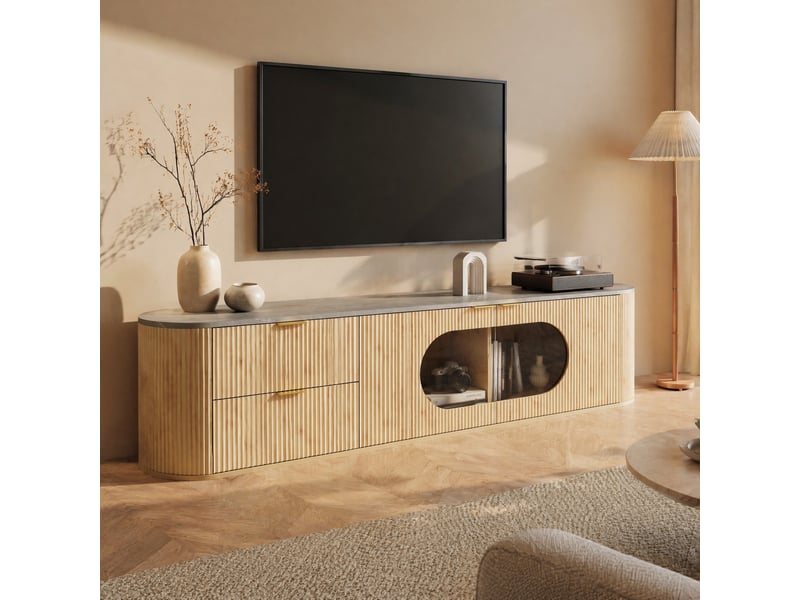  Meuble tv avec tiroirs, portes et vitrine ovale en verre gris pour salon, en mdf, 172×38×45,5 cm, naturel  - Conforama C