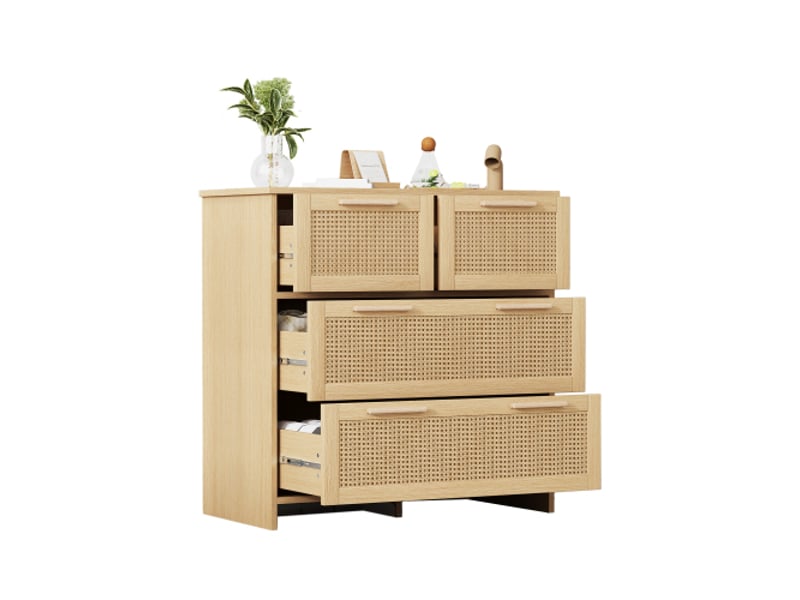 Commode 4 tiroirs en rotin naturel - poignées en bois massif - structure anti-bascule - charge 20kgtiroir - pour salonchambre naturel - Conforama A