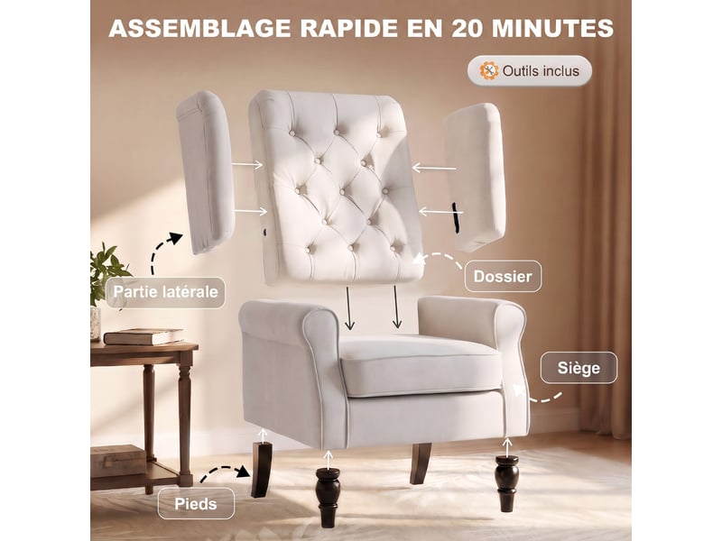  Fauteuil de salon, fauteuil d'appoint mi-siècle moderne en flanelle neige avec haut dossier capitonné à oreilles, crème  - Conforama W