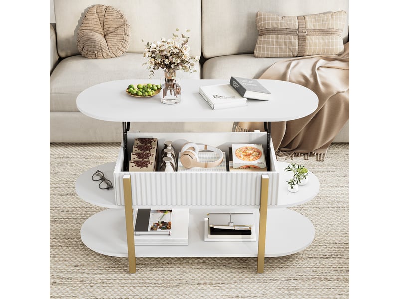  Table basse relevable 106x45x50-63 cm avec rangement multicouche, table de salon et d’appoint, pour salon, métal blanc  - Conforama B