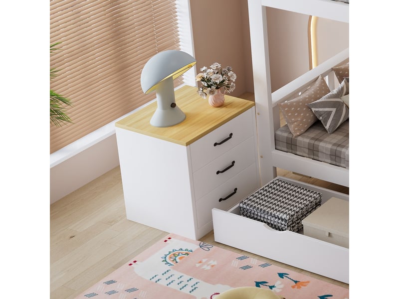  Lit superposé enfant 90x200 cm - avec 8 tiroirs et échelle - étagère de rangement latérale et table de chevet mobile - blanc (sans matelas)  - Conforama W