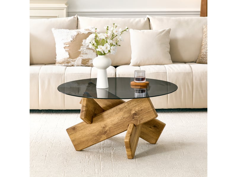  Table basse ronde en verre trempé avec piètement géométrique en mdf, finition bois  - Conforama B