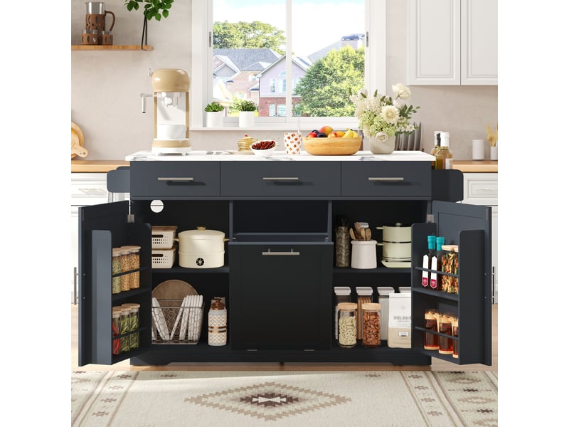 Ilot central de cuisine - 136x75x92cm - desserte avec plateau rabattable marbre meuble poubelle prises - gris foncé  - Conforama C