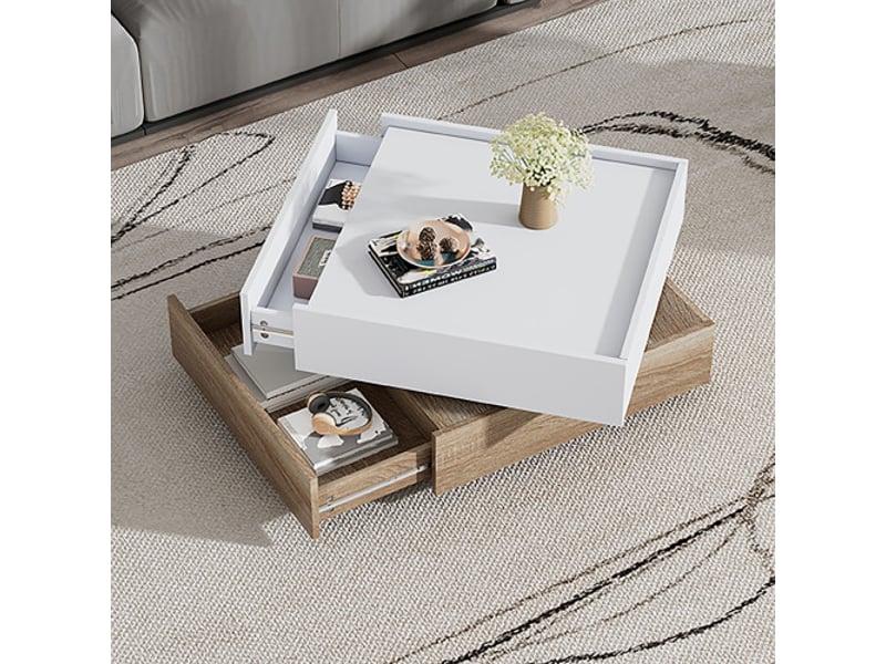  Table basse blanche et en noyer, table de salon, plateau pivotant à 360° avec 2 étagères et un espace de rangement  - Conforama C