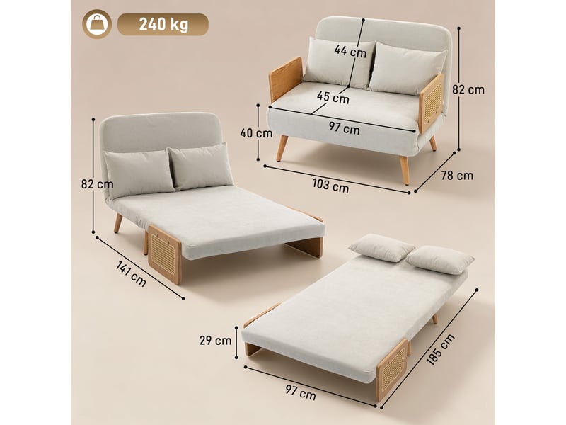  Canapé convertible 2 places, canapé-lit 3 en 1 chenille 103cm, dossier réglable, 2 oreillers, accoudoirs en bois, crème  - Conforama C