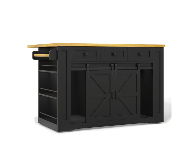  Îlot de cuisine mobile noir et bois naturel en mdf, plateau rabattable, prise intégrée, roulettes, 130 × 50 (80) × 87 cm  - Conforama C