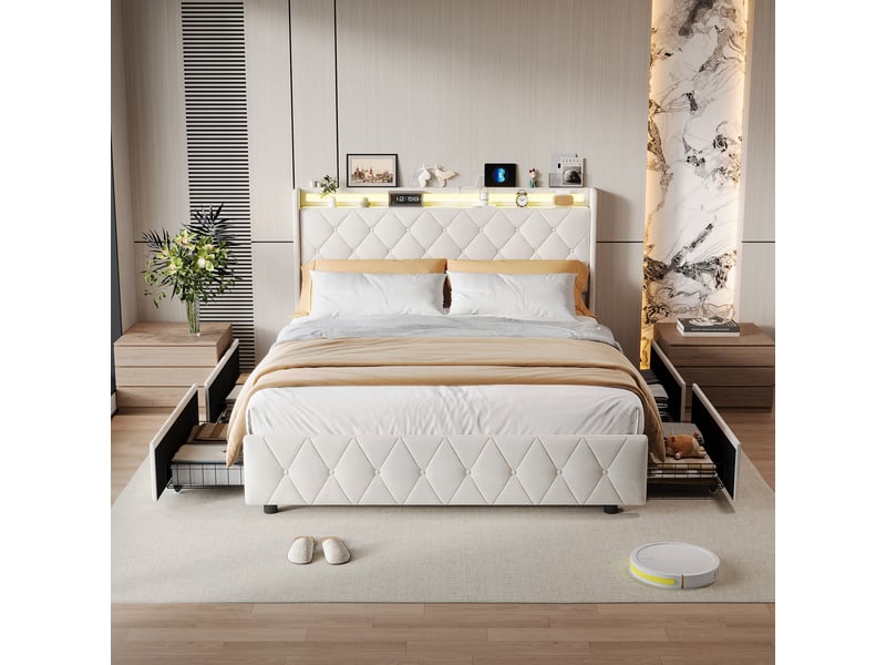Lit coffre 160x200 cm, lit double 160x200 cm avec 2 tiroirs, éclairage led rgb, ports usb et type-c, tissu en velours beige - Conforama C