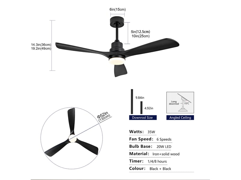  Ventilateur de plafond avec éclairage 132x132x36 cm, 3 pales, led réglable, télécommande, 6 vitesses, métal et bois, noir  - Conforama E