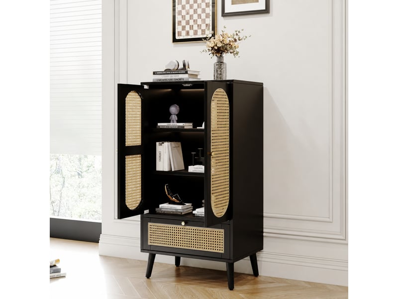  Buffet noir en rotin à 2 portes et 1 tiroir, hauteur 110,5 cm  - Conforama B