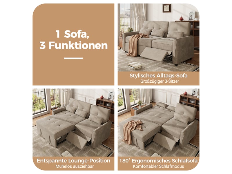  Canapé-lit convertible 3-en-1 3 places 176x148x83 cm avec couchage extractible, dossier réglable 3 positions, repose-jambes, chenille marron  - Conforama E