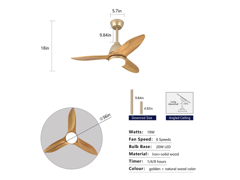  Ventilateur de plafond lumineux avec 3 pales en bois massif, moteur dc réversible, intensité réglable, chêne doré 36 pouces  - Conforama D
