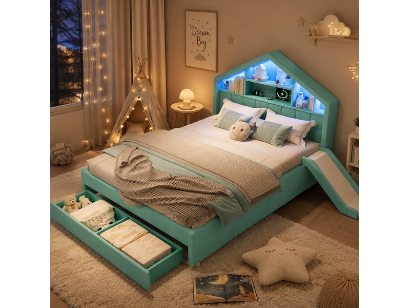  Lit cabane enfant 140x200 cm, bleu-vert, équipé de rangement, de led et de toboggan réversible, sans matelas  - Conforama B