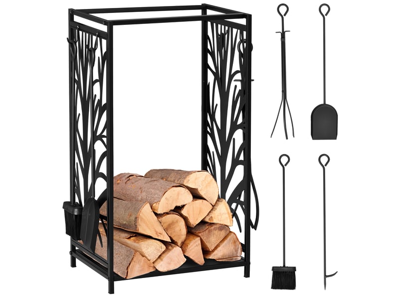 Porte-bûches en acier noir, serviteur 2 en 1 avec étagère et 4 accessoires, 46 x 30 x 70 cm - Conforama A