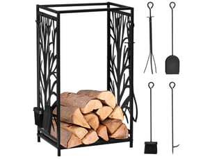 Porte-bûches en acier noir, serviteur 2 en 1 avec étagère et 4 accessoires, 46 x 30 x 70 cm