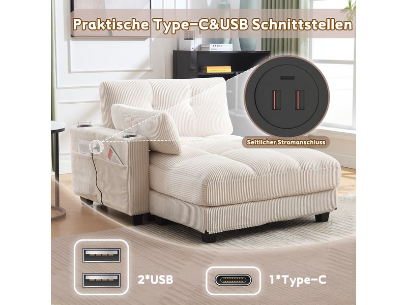  Fauteuil de salon, fauteuil confortable, beige, avec accoudoirs, poches latérales, porte-gobelets  - Conforama E