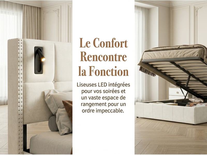 Lit 2 places 180x200 cm - beige - led rgb, usb type-c, rangement et 4 tiroirs - Conforama D