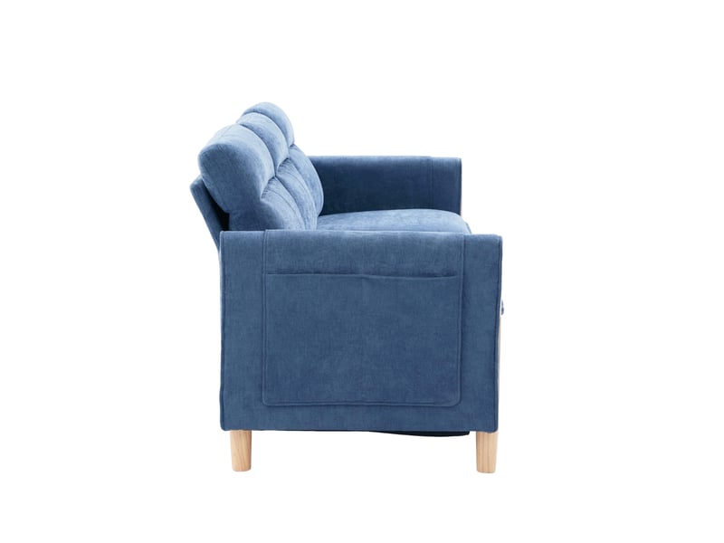  Canapé 3 places en chenille bleu avec coffre et poches latérales, structure en bois massif  - Conforama R