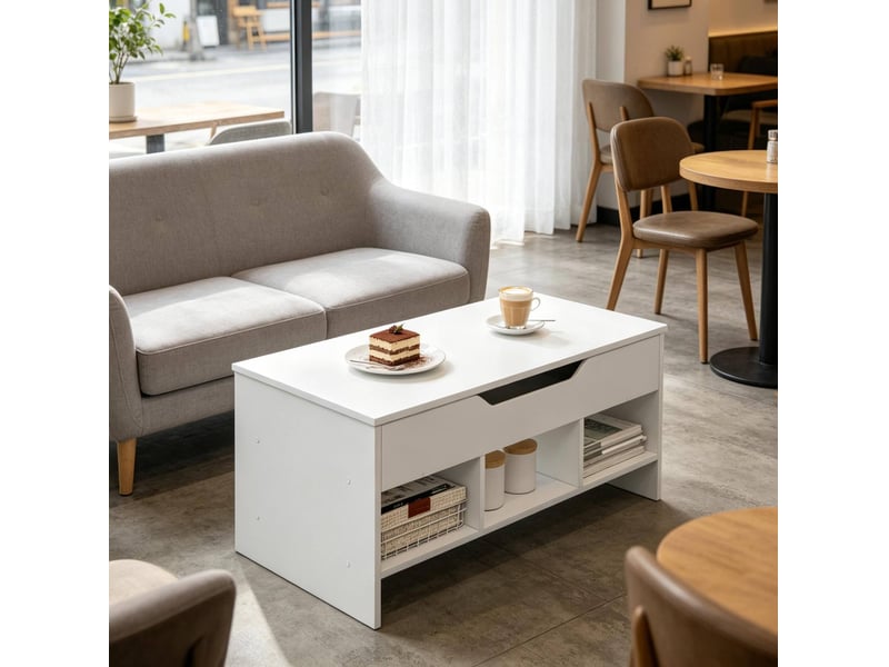  Table basse relevable 96x51x45 cm avec rangement bois métal blanche  - Conforama D