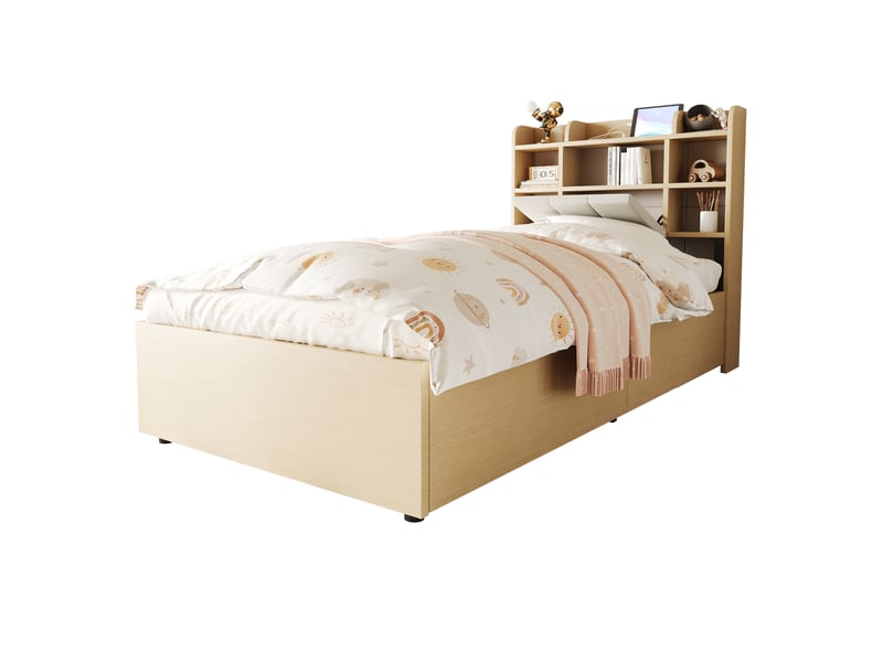  Lit simple 90 x 200 cm avec usb et tape-c, lit coffre, cadre de lit adulte en bois, tête de lit avec espace de rangement, beige  - Conforama R