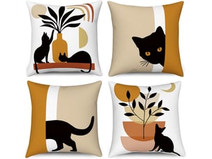 Housse de coussin boho 45 x 45 cm set de 4, abstrait chat noir plante soleil lune taie d'oreiller décorative art moderne minimaliste housse d'oreiller