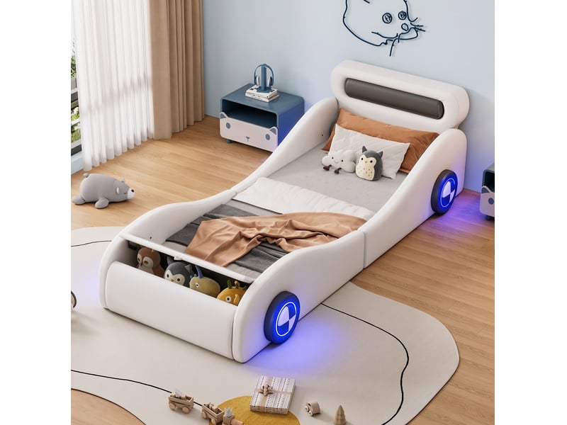  Lit enfant voiture 90x200 cm blanc en cuir régénéré, roues lumineuses réglables et rangement, sans matelas  - Conforama B