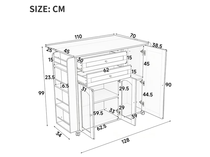 Desserte de cuisine mobile à plateau rabattable 110x70x99 cm noir et naturel - Conforama C