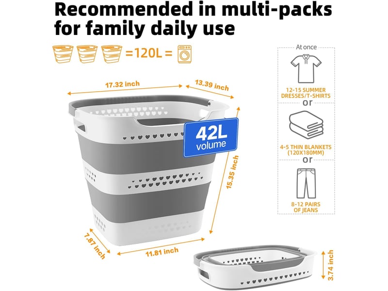  Panier à linge pliable 42 l, lot de 2, corbeilles en plastique avec poignées, gain de place pour maison et salle de bain  - Conforama B