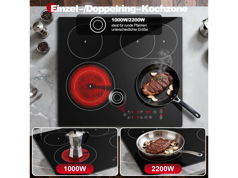  Plaque de cuisson vitrocéramique 4 foyers, table électrique encastrable 60 cm, 6600 w, zones double et ovale, tactile  - Conforama W