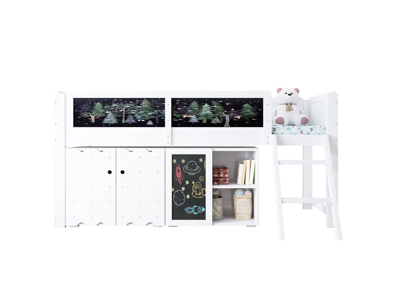  Lit mezzanine enfant 90x200 cm blanc avec rangements, tableau à craie, échelle inclinée et garde-corps  - Conforama A