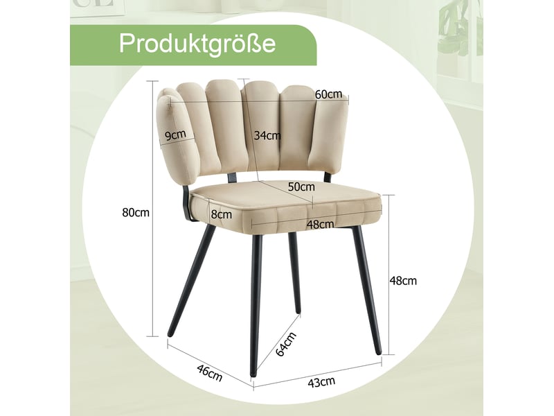  Lot de 2 chaises de salle à manger 60x46x80 cm, beige et noir, métal+tissu, chaise de cuisine, dossier en forme de fleur ergonomique  - Conforama C