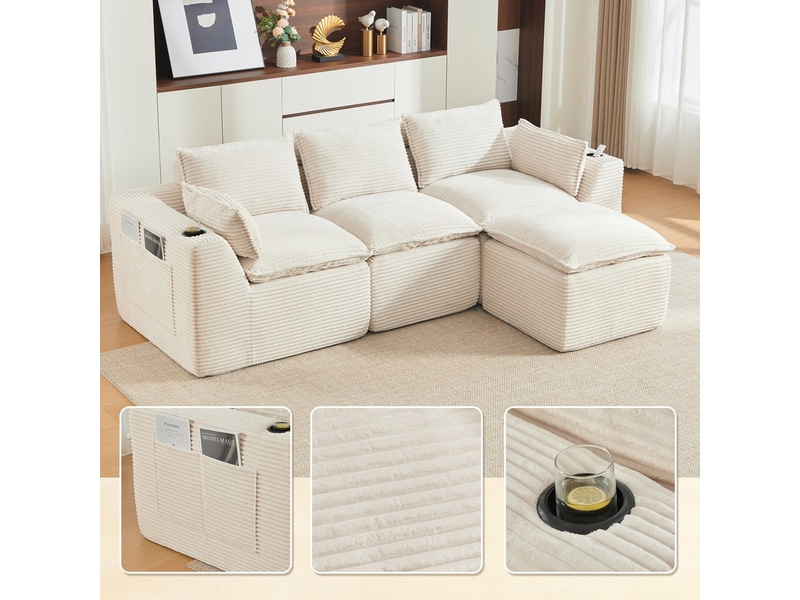 Canapé modulaire 3 places avec pouf coussins porte-gobelet et pochettes en velours côtelé beige mousse et ressorts - Conforama E