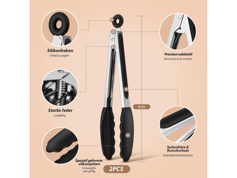  (26cm)pinces de cuisine, lot de 2, pince alimentaire en inox et silicone et poignée antidérapante, pince de cuisine résistant à la chaleur, idéales po QWE001044 - Conforama B
