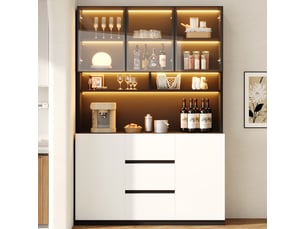 Vitrine avec éclairage led 120x200 cm - meuble salon noir et blanc avec portes en verre gris et 3 tiroirs