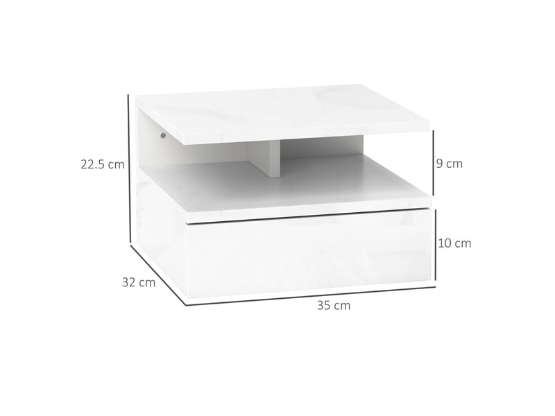  Table de chevet suspendue avec tiroir et étagère ouverte en bois, 35 x 32 x 22,5 cm, blanche  - Conforama E