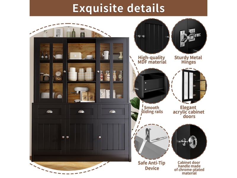  Buffet 140x40x180, vitrine buffet salle à manger, tiroirs, mdf noir, rangement modulable, anti-basculement sécurisé  - Conforama D