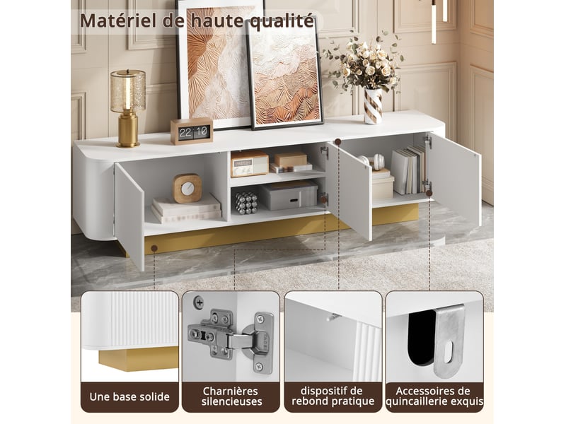  Meuble tv modenvie 170 x 40,5 x 47 cm 3 portes avec rangement mdf et panneaux de particules blanc  - Conforama E