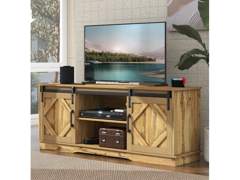  Meuble tv 150 x 40 x 60 cm, 2 portes coulissantes, étagères réglables, brun rustique  - Conforama B