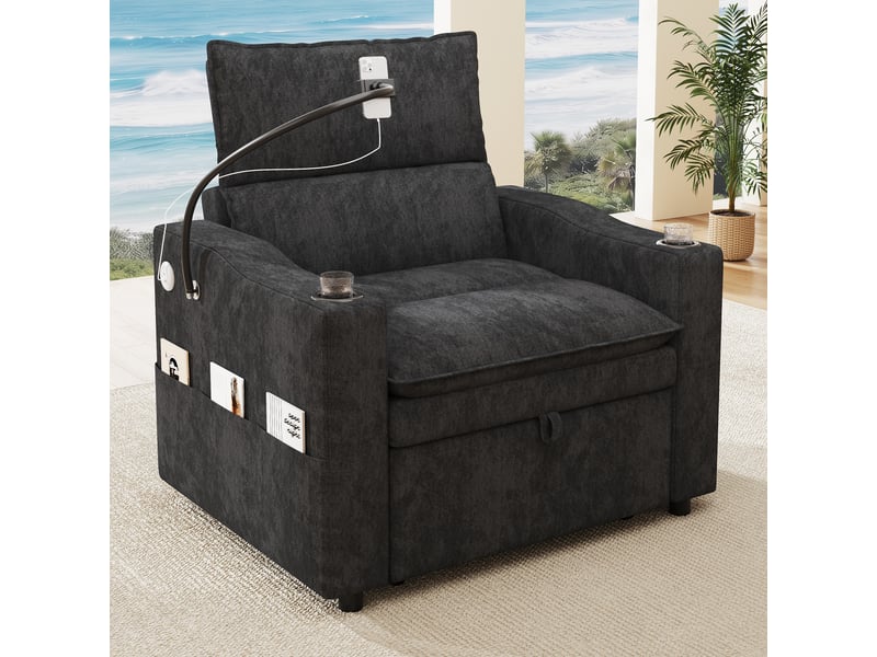 Fauteuil convertible 3-en-1 94x147x91 cm, chauffeuse et canapé-lit, fonction convertible, dossier réglable, ports usb et type-c, chenille gris CozyNest - Conforama D
