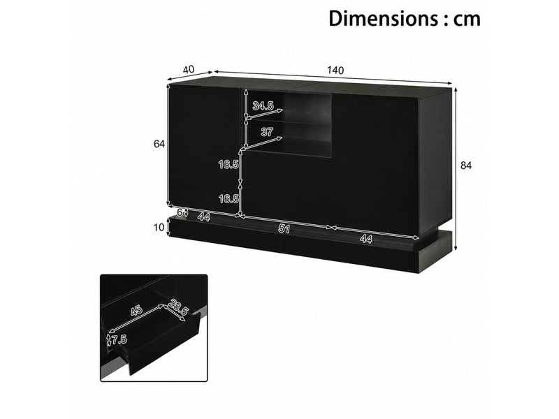  Buffet 2 portes 2 tiroirs avec niche ouverte led pour salon 140×40×80 cm en panneaux de particules noir  - Conforama E