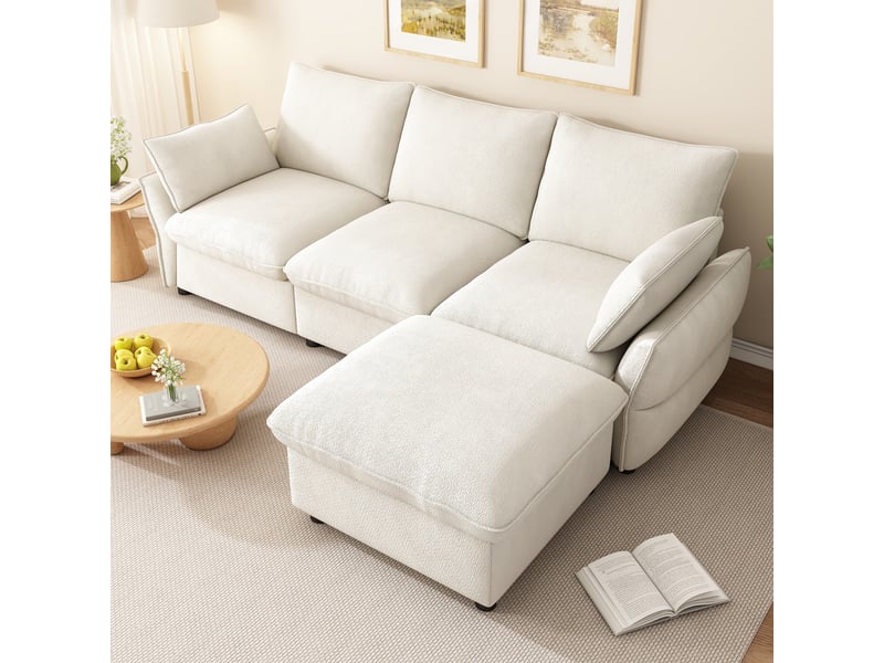  Canapé d’angle 3 places 222,5x154,5x76,5 cm avec ottomane et 1 pouf, pour salon et appartement, chenille, beige Sol Morn - Conforama B