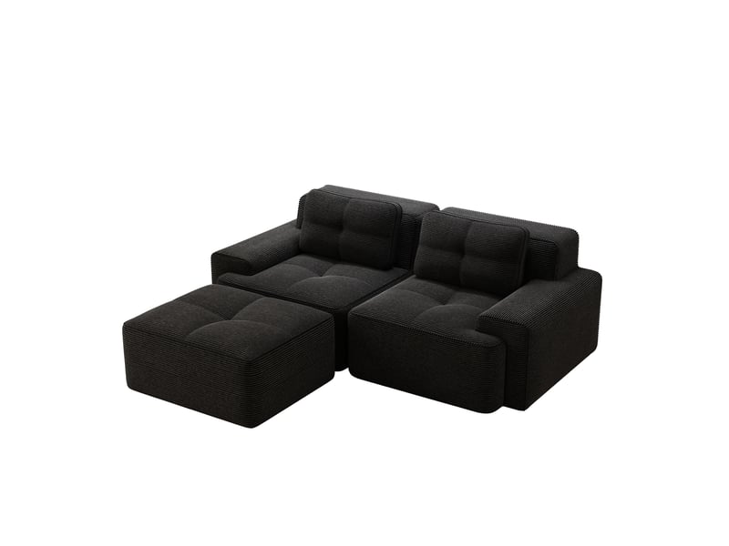  Canapé d'angle modulable convertible 2 places en velours côtelé noir avec ottoman, 204 x 177 x 69 cm  - Conforama A