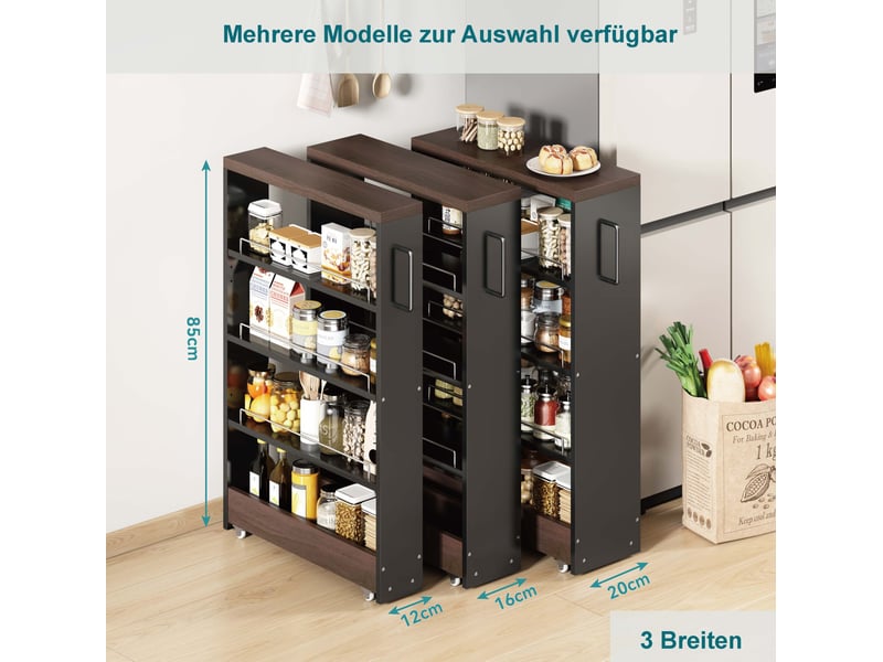  Desserte de rangement étroite 55x12x85 cm – 4 étagères réglables sur roulettes – noir et marron pour salle de bain  - Conforama E