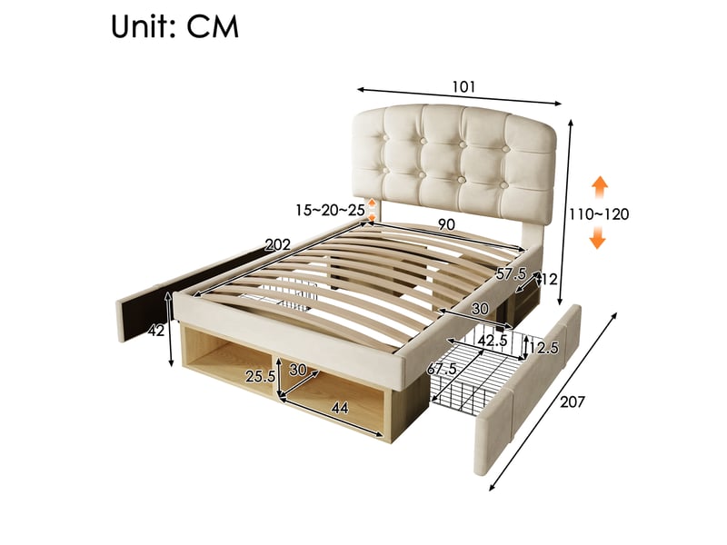  Modenvie lit simple capitonné 90x200 cm - tête de lit réglable, rangement intégré, sans matelas - beige  - Conforama C