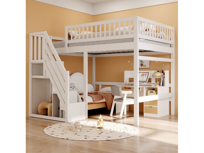  Lit enfant 140x200 cm avec escalier de rangement et garde-corps haut, gain de place, cadre en bois, blanc, sans matelas  - Conforama B