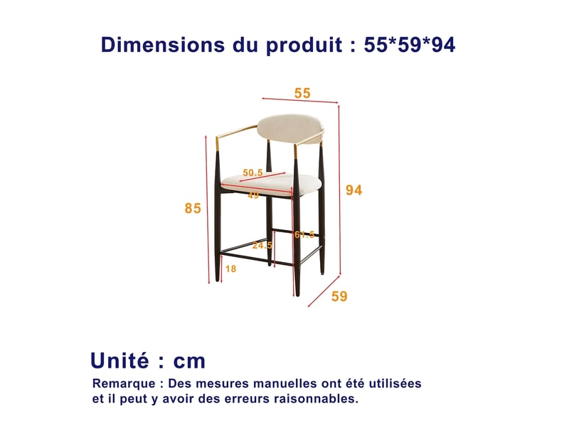  Lot de 2 tabourets de bar avec accoudoirs, style campagne française, tissu beige et cadre métal marron  - Conforama C
