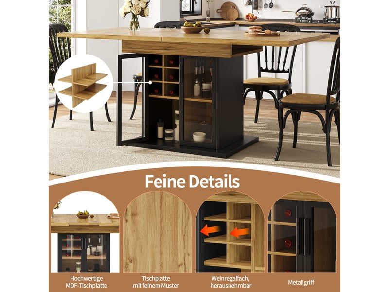  Table à manger extensible, 110-140 x 80 cm,  pour 4 à 6 personnes, table avec casier à bouteilles, noir  - Conforama E
