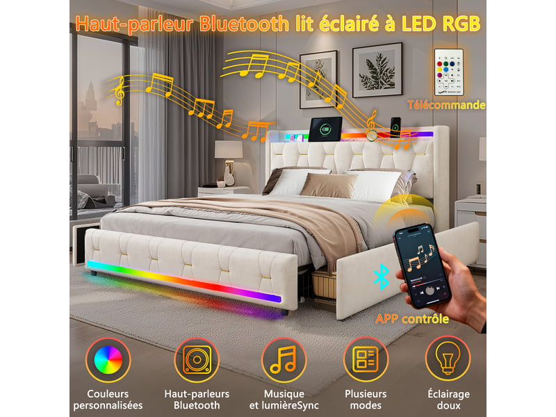  Lit 140x200 cm beige avec rangement, led, 4 tiroirs, ports usb+type-c sans matelas EBD855F-BG - Conforama W